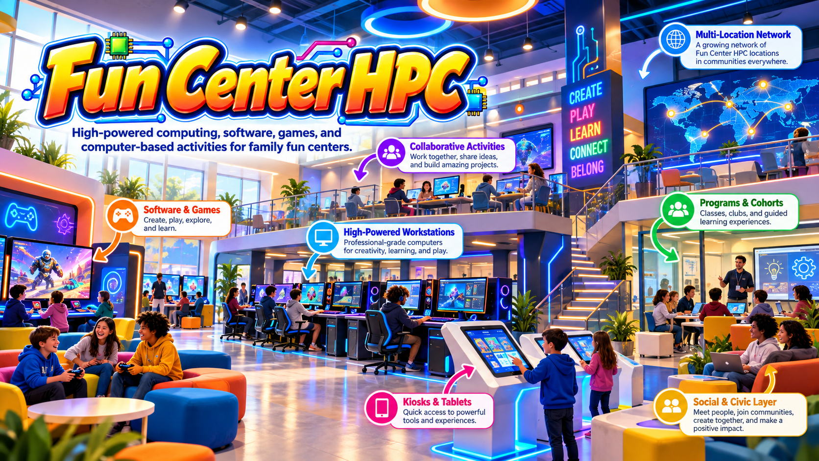 Illustrated Fun Center HPC concept showing high-powered workstations, kiosks and tablets, software and games, programs and cohorts, collaborative activities, a multi-location network, and a social and civic layer.
