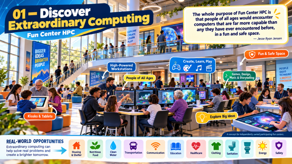 Fun Center HPC infographic 01 of 06: Discover Extraordinary Computing. Aspirational concept artwork, not an existing installation.