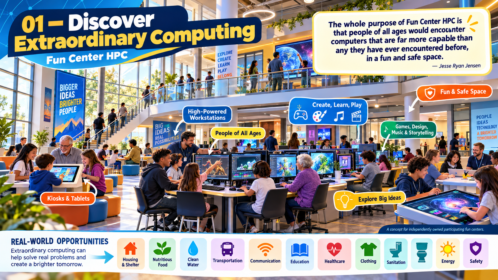 Fun Center HPC infographic 01 of 06: Discover Extraordinary Computing. Aspirational concept artwork, not an existing installation.