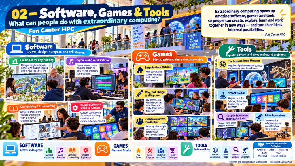 Fun Center HPC infographic 02 of 06: Software, Games & Tools. Aspirational concept artwork, not an existing installation.