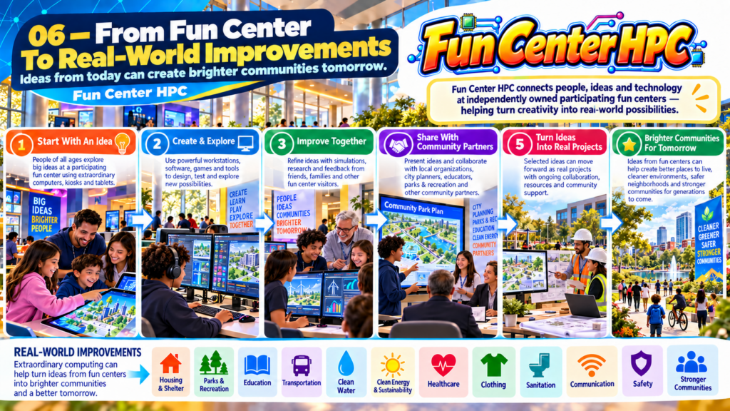 Fun Center HPC infographic 06 of 06: From Fun Center To Real-World Improvements. Aspirational concept artwork, not an existing installation.