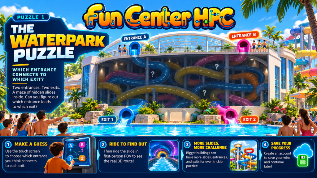 The Waterpark Puzzle concept artwork 01 of 06: The Waterpark Puzzle. Fun Center HPC concept illustration, not an existing installation.