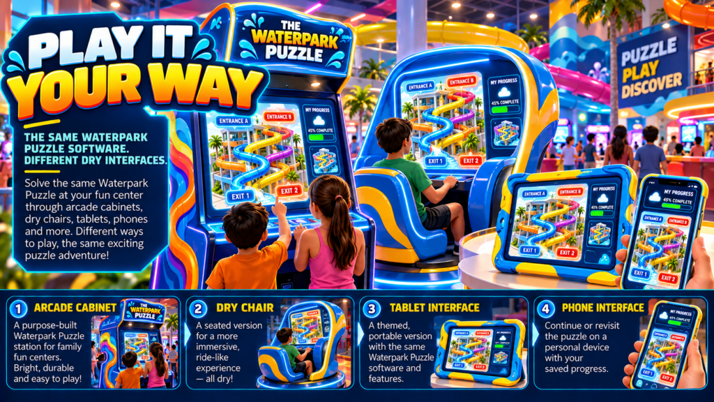 The Waterpark Puzzle concept artwork 04 of 06: Play It Your Way. Fun Center HPC concept illustration, not an existing installation.