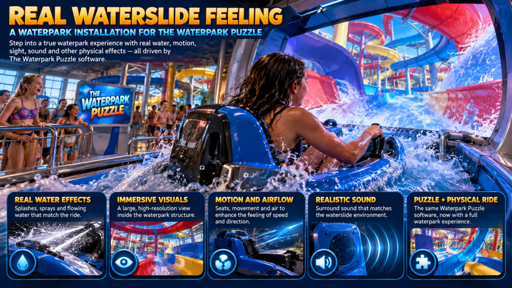 The Waterpark Puzzle concept artwork 05 of 06: Real Waterslide Feeling. Fun Center HPC concept illustration, not an existing installation.