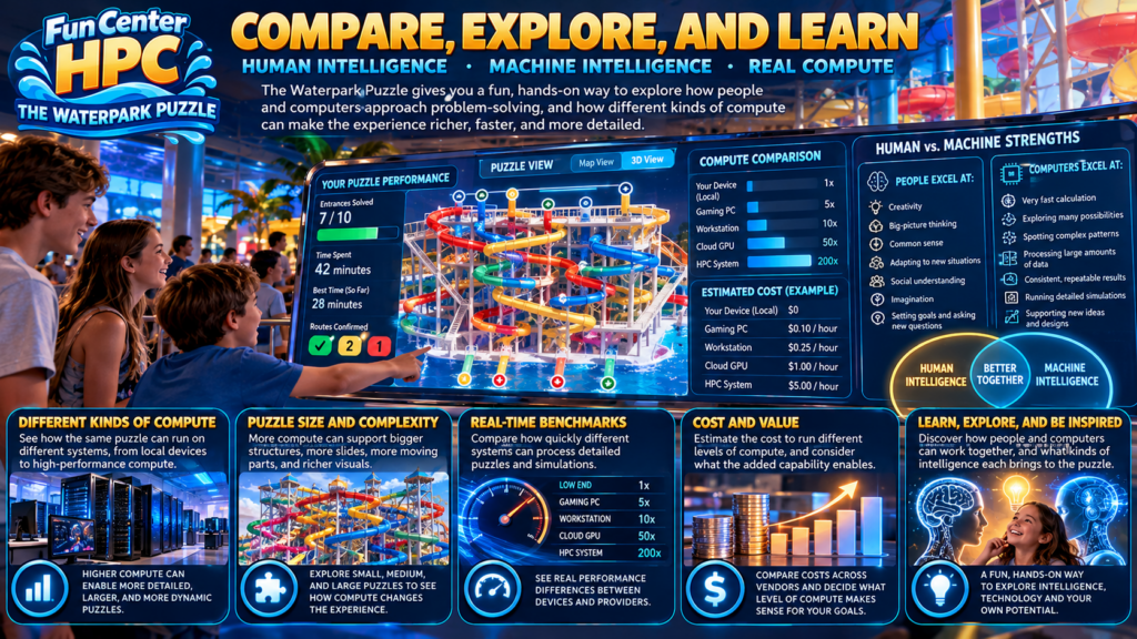 The Waterpark Puzzle concept artwork 06 of 06: Compare, Explore, and Learn. Fun Center HPC concept illustration, not an existing installation.